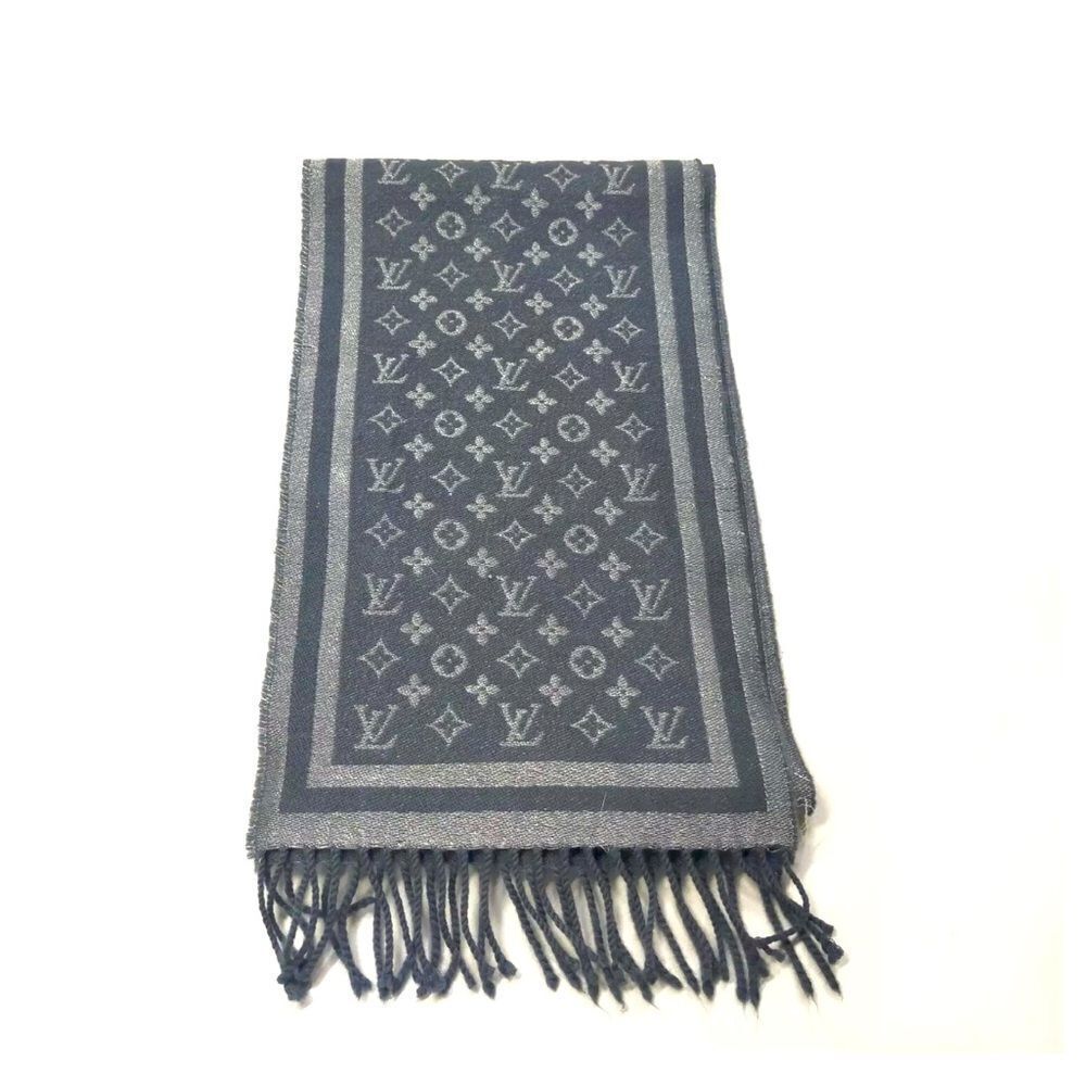 Auth Louis Vuitton Gray Wool Cashmere Blend Monogram Scarf Muffler Neckwarmer
